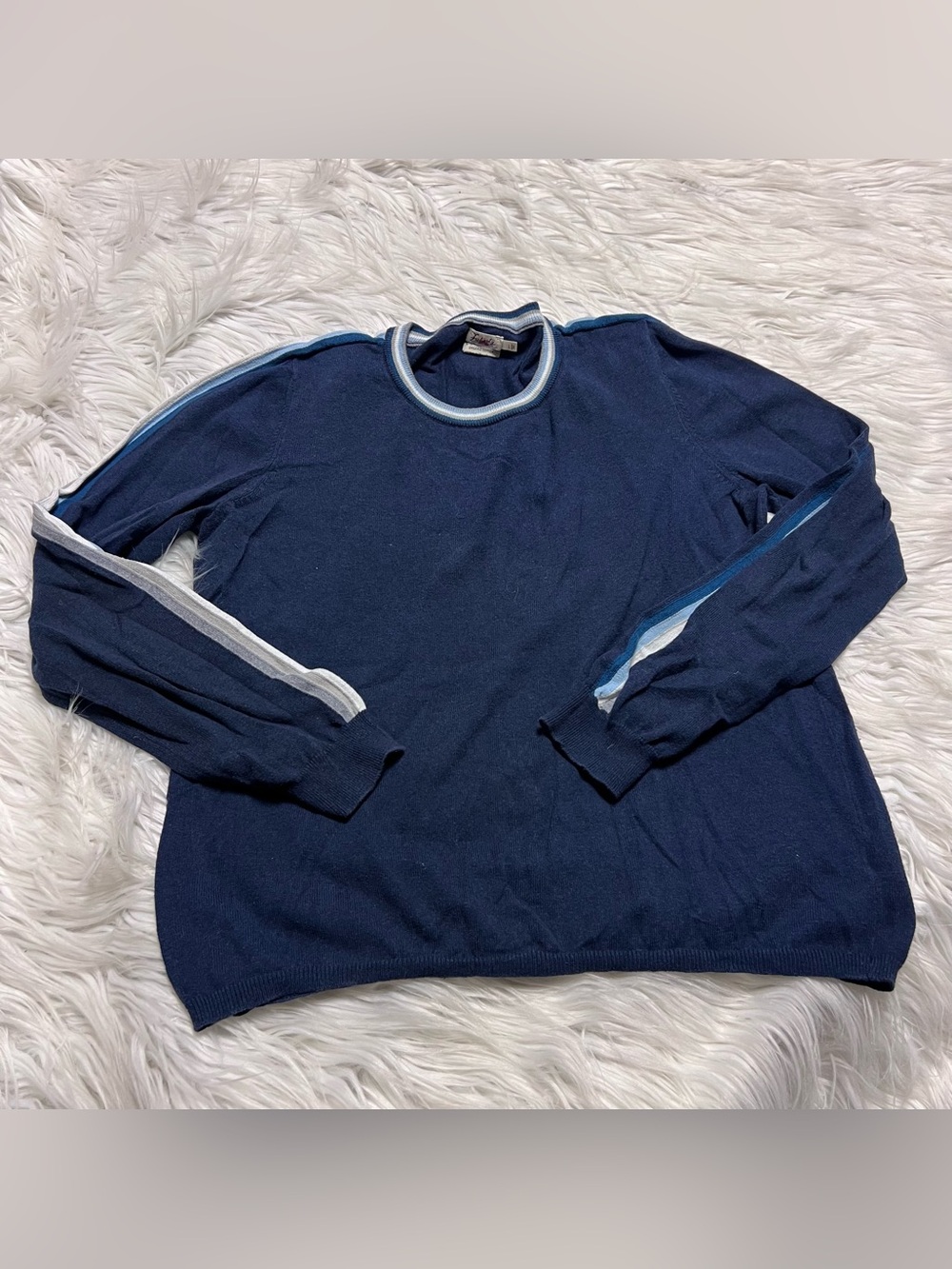 Faherty Navy Crewneck Sweater with Light Blue and White Stripe Trim